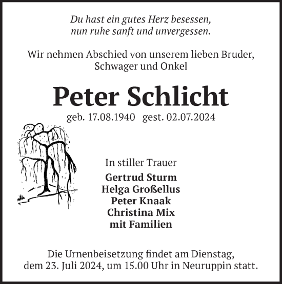 Traueranzeige von Peter Schlicht von Märkische Oderzeitung