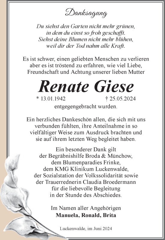 Traueranzeige von Renate Giese von Märkische Oderzeitung