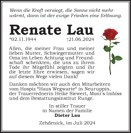 Traueranzeige von Renate Lau von Märkische Oderzeitung