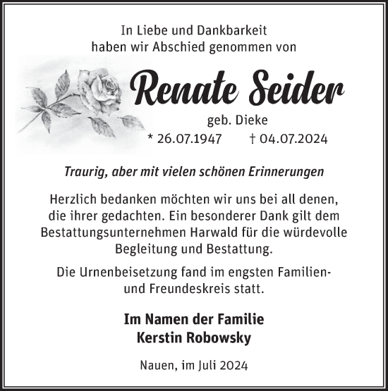 Traueranzeige von Renate Seider von Märkische Oderzeitung