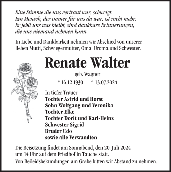 Traueranzeige von Renate Walter von Märkische Oderzeitung