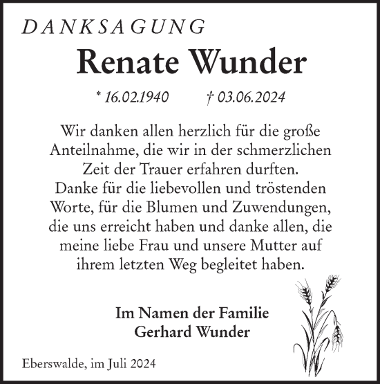 Traueranzeige von Renate Wunder von Märkische Oderzeitung