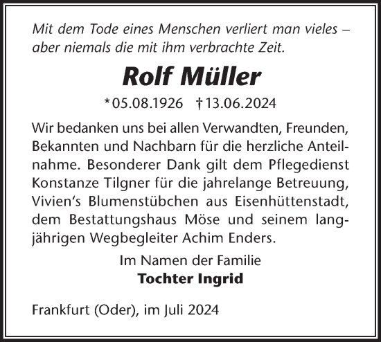 Traueranzeige von Rolf Müller von Märkische Oderzeitung