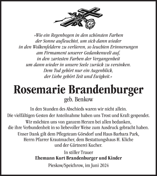 Traueranzeige von Rosemarie Brandenburger von Märkische Oderzeitung