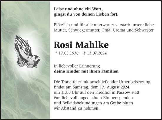 Traueranzeige von Rosi Mahlke von Märkische Oderzeitung