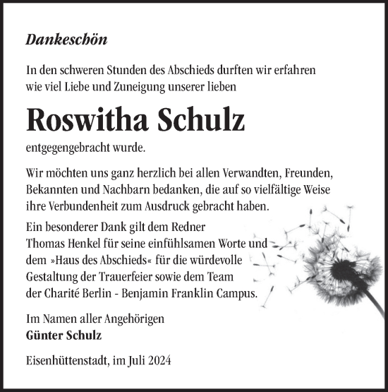 Traueranzeige von Roswitha Schulz von Märkische Oderzeitung