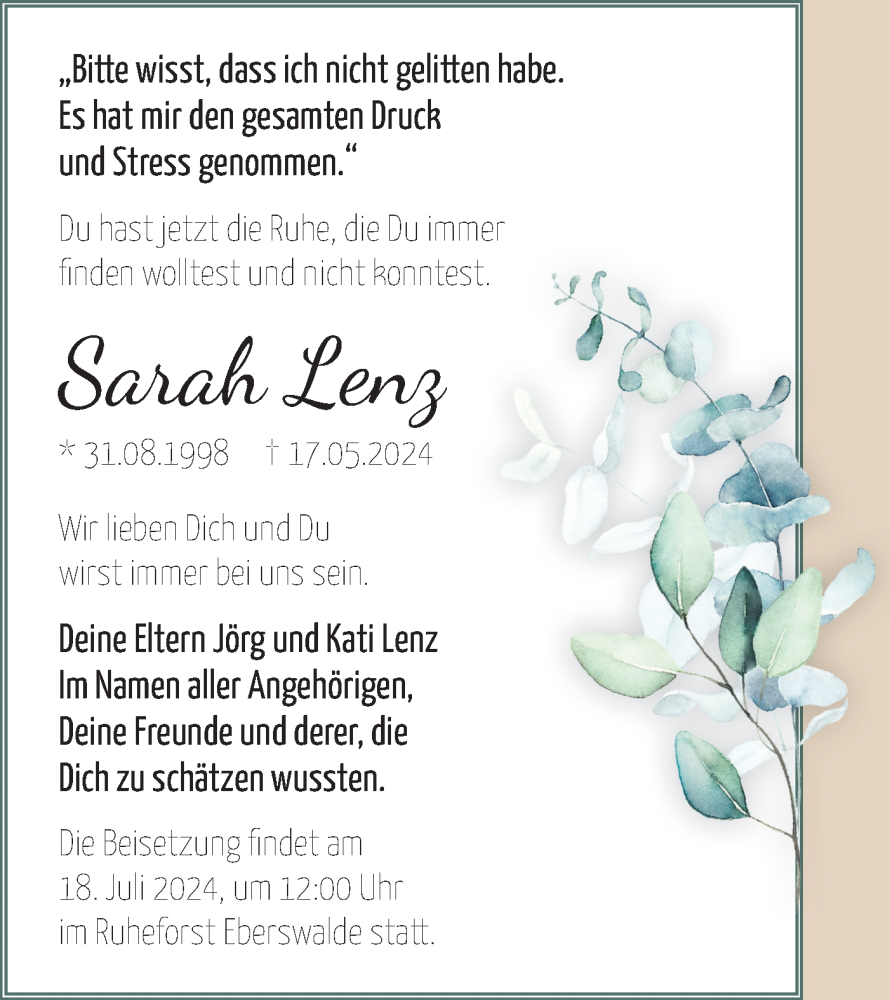  Traueranzeige für Sarah Lenz vom 13.07.2024 aus Märkische Oderzeitung