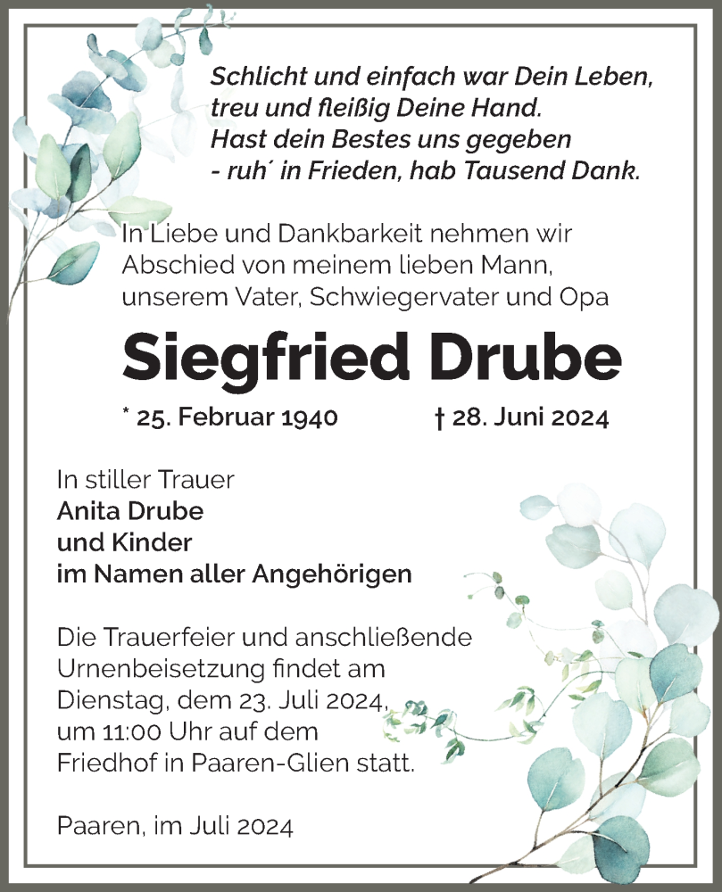  Traueranzeige für Siegfried Drube vom 13.07.2024 aus Märkische Oderzeitung