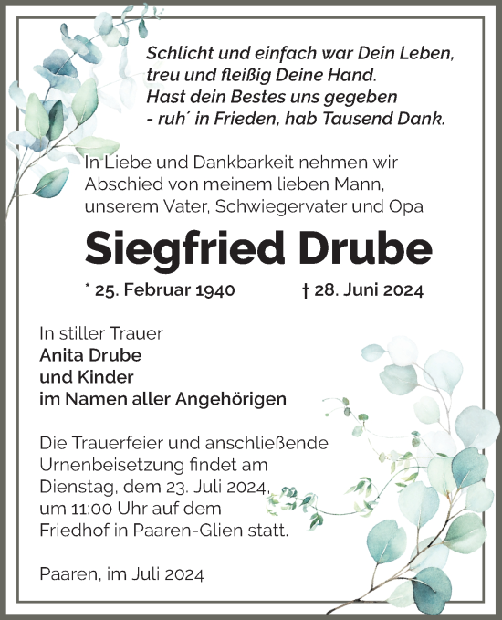 Traueranzeige von Siegfried Drube von Märkische Oderzeitung