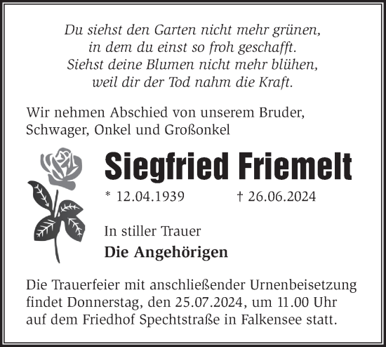 Traueranzeige von Siegfried Friemelt von Märkische Oderzeitung