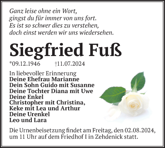 Traueranzeige von Siegfried Fuß von Märkische Oderzeitung