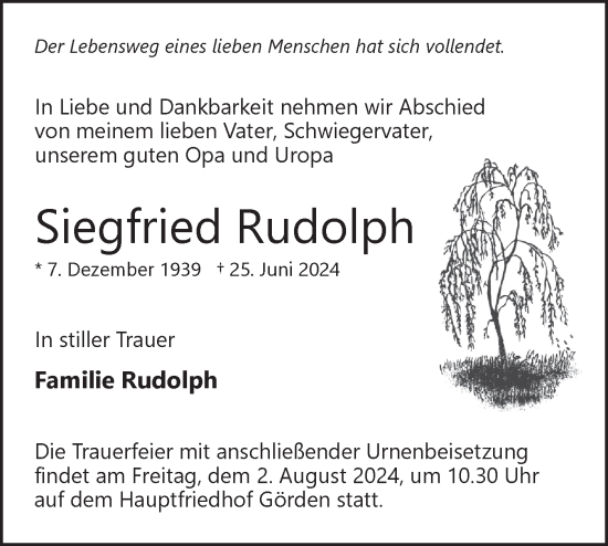 Traueranzeige von Siegfried Rudolph von Märkische Oderzeitung