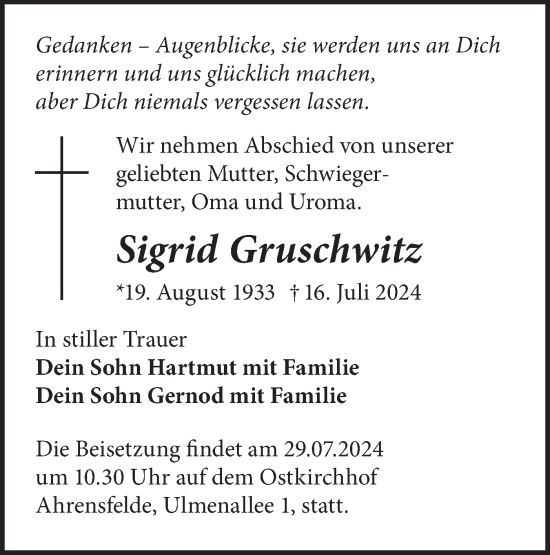 Traueranzeige von Sigrid Gruschwitz von Märkische Oderzeitung
