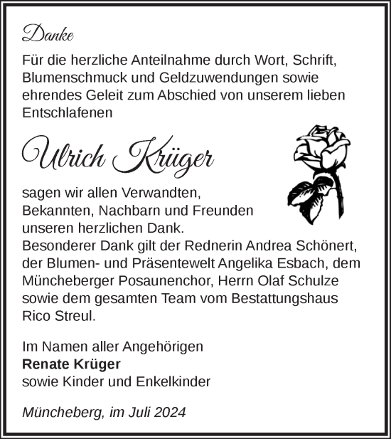 Traueranzeige von Ulrich Krüger von Märkische Oderzeitung