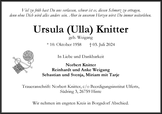 Traueranzeige von Ursula  Knitter von Märkische Oderzeitung