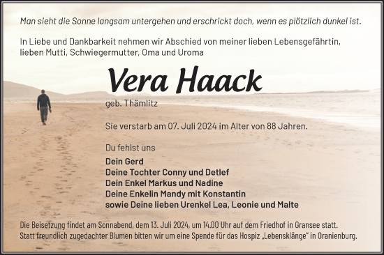 Traueranzeige von Vera Haack von Märkische Oderzeitung