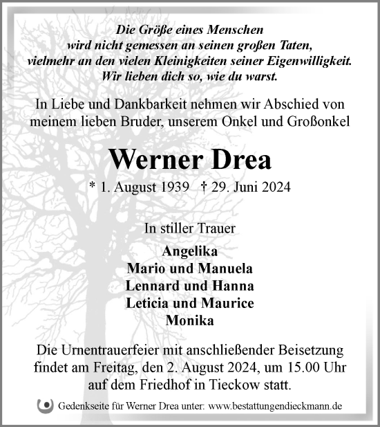 Traueranzeige von Werner Drea von Märkische Oderzeitung