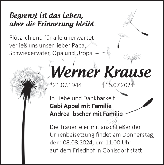 Traueranzeige von Werner Krause von Märkische Oderzeitung