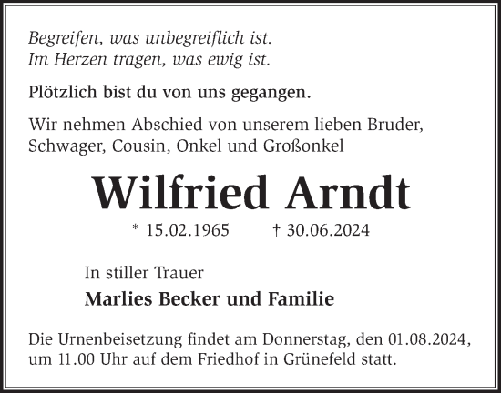 Traueranzeige von Wilfried Arndt von Märkische Oderzeitung