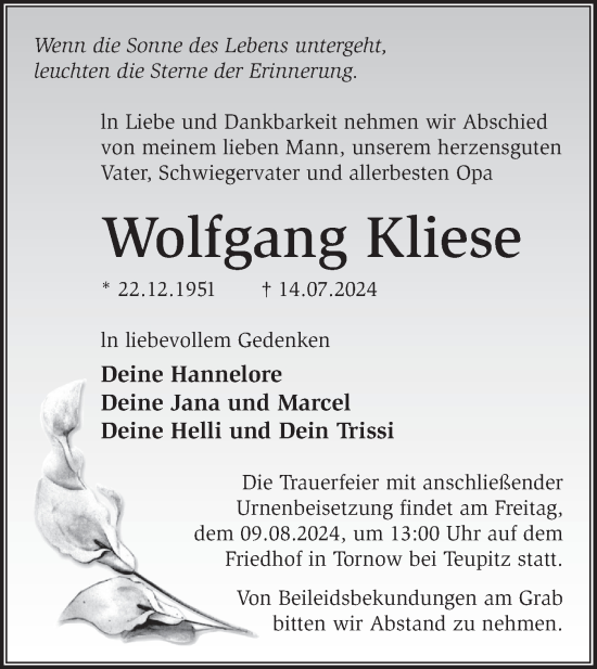 Traueranzeige von Wolfgang Kliese von Märkische Oderzeitung