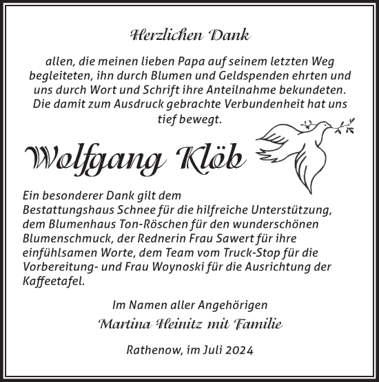 Traueranzeige von Wolfgang Klöb von Märkische Oderzeitung