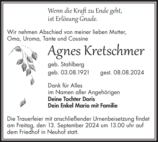 Traueranzeige von Agnes Kretschmer von Märkische Oderzeitung