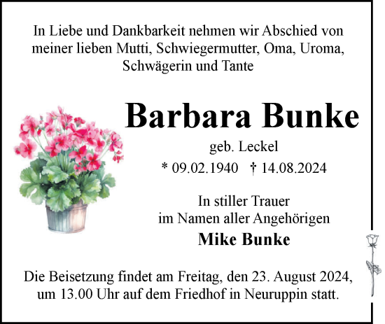 Traueranzeige von Barbara Bunke von Märkische Oderzeitung