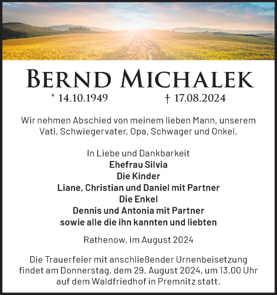 Traueranzeige von Bernd Michalek von Märkische Oderzeitung