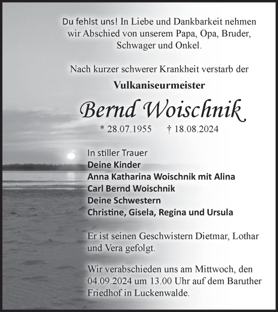 Traueranzeige von Bernd Woischnik von Märkische Oderzeitung