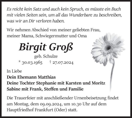 Traueranzeige von Birgit Groß von Märkische Oderzeitung