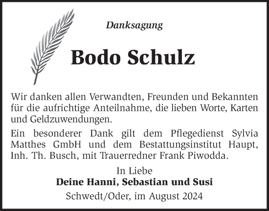 Traueranzeige von Bodo Schulz von Märkische Oderzeitung