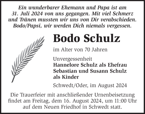 Traueranzeige von Bodo Schulz von Märkische Oderzeitung