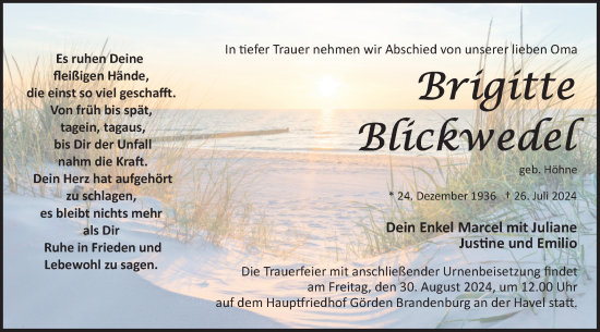 Traueranzeige von Brigitte Blickwedel von Märkische Oderzeitung