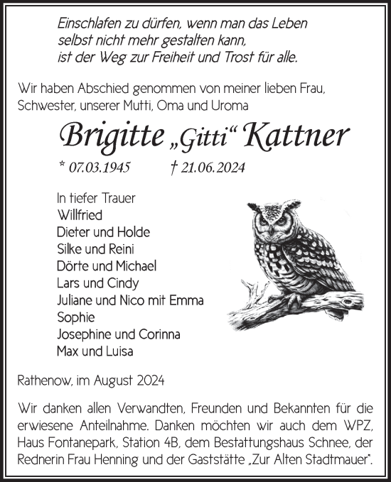 Traueranzeige von Brigitte Kattner von Märkische Oderzeitung