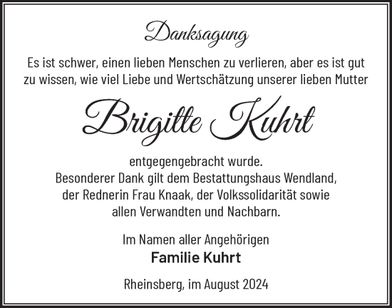 Traueranzeige von Brigitte Kuhrt von Märkische Oderzeitung