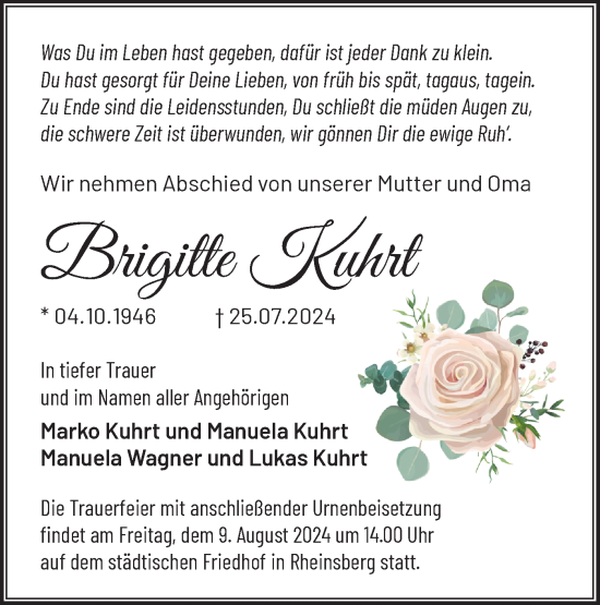 Traueranzeige von Brigitte Kuhrt von Märkische Oderzeitung