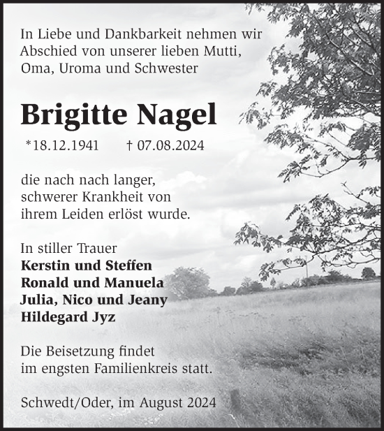 Traueranzeige von Brigitte Nagel von Märkische Oderzeitung