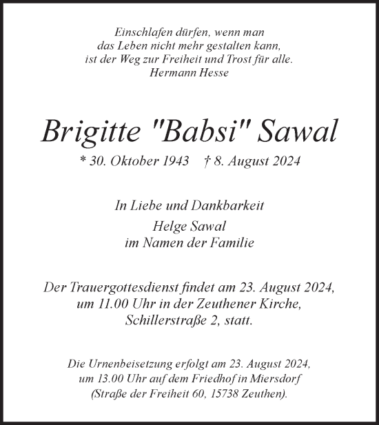 Traueranzeige von Brigitte Sawal von Märkische Oderzeitung