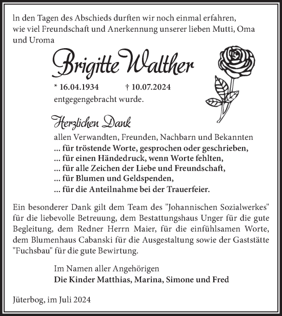 Traueranzeige von Brigitte Walther von Märkische Oderzeitung