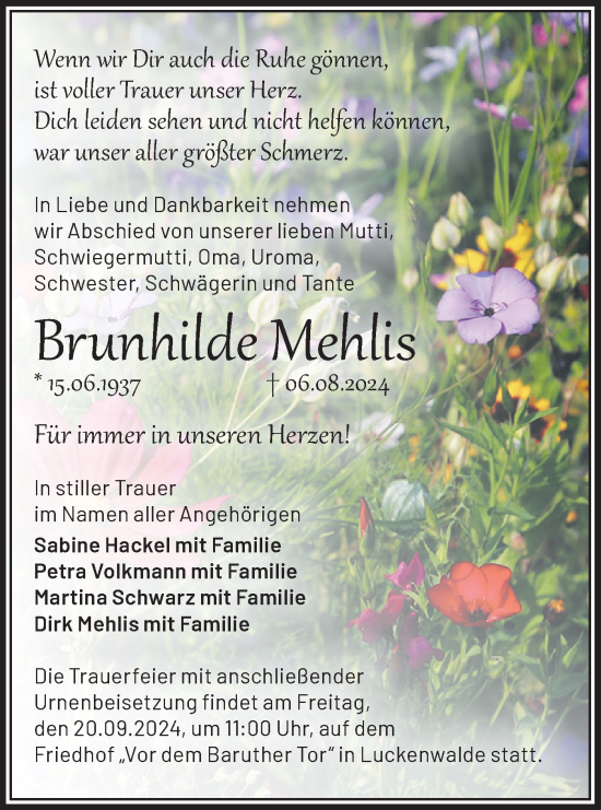 Traueranzeige von Brunhilde Mehlis von Märkische Oderzeitung