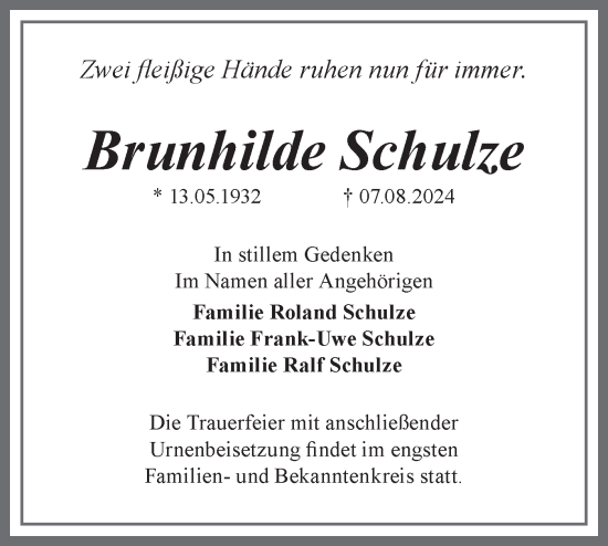 Traueranzeige von Brunhilde Schulze von Märkische Oderzeitung