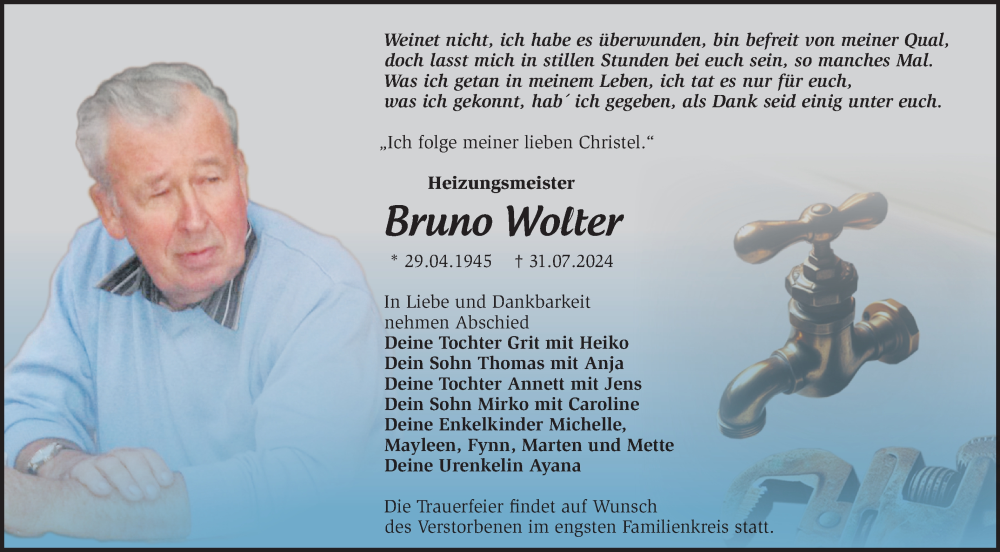  Traueranzeige für Bruno Wolter vom 06.08.2024 aus Märkische Oderzeitung