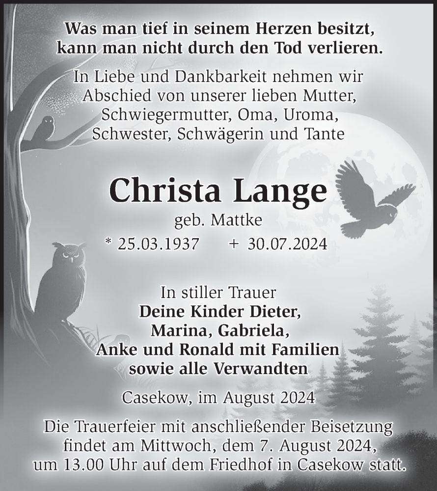  Traueranzeige für Christa Lange vom 03.08.2024 aus Märkische Oderzeitung