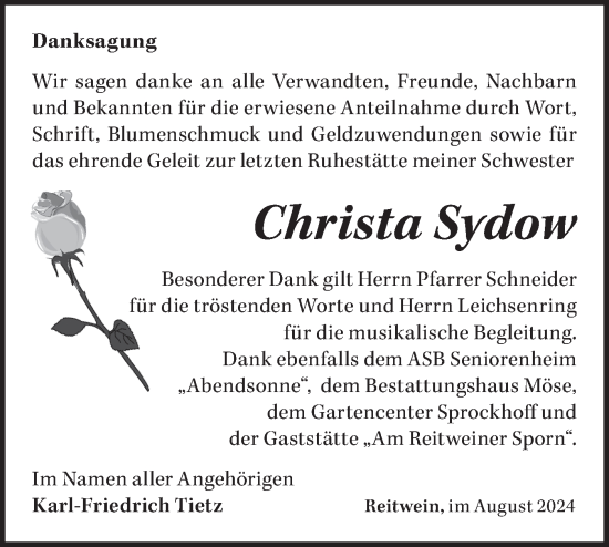 Traueranzeige von Christa Sydow von Märkische Oderzeitung