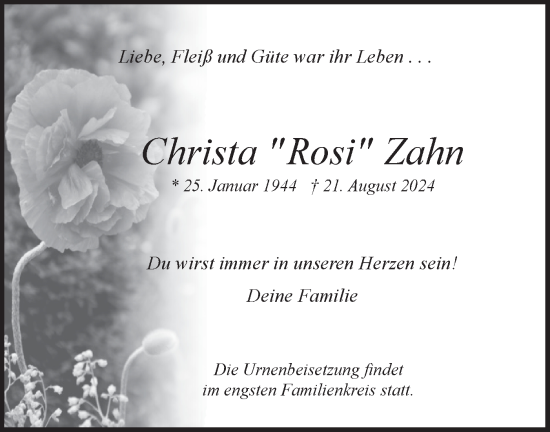 Traueranzeige von Christa Zahn von Märkische Oderzeitung