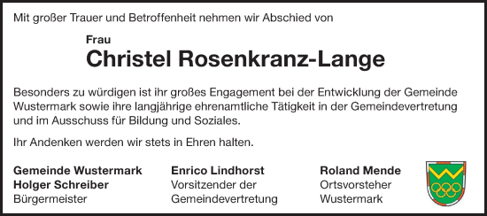 Traueranzeige von Christel Rosenkranz-Lange von Märkische Oderzeitung