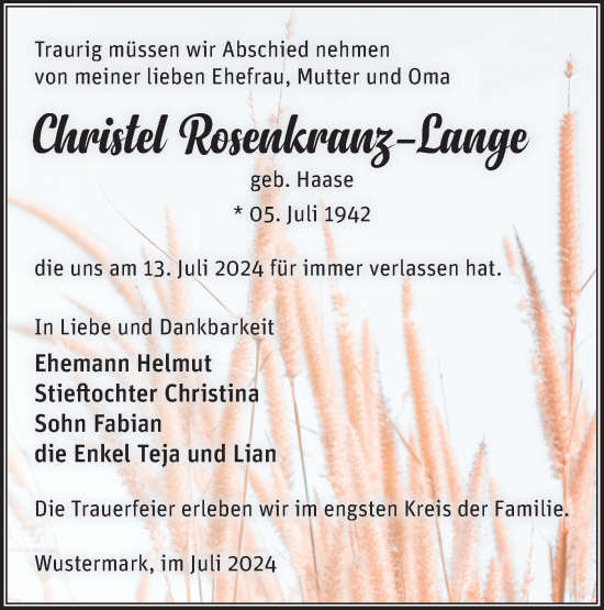 Traueranzeige von Christel Rosenkranz-Lange von Märkische Oderzeitung