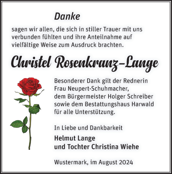 Traueranzeige von Christel Rosenkranz-Lange von Märkische Oderzeitung