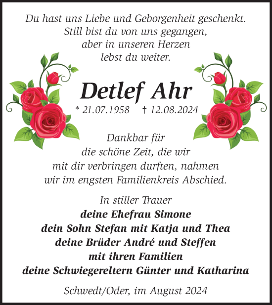 Traueranzeige von Detlef Ahr von Märkische Oderzeitung