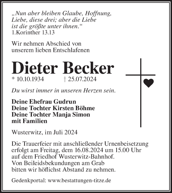 Traueranzeige von Dieter Becker von Märkische Oderzeitung